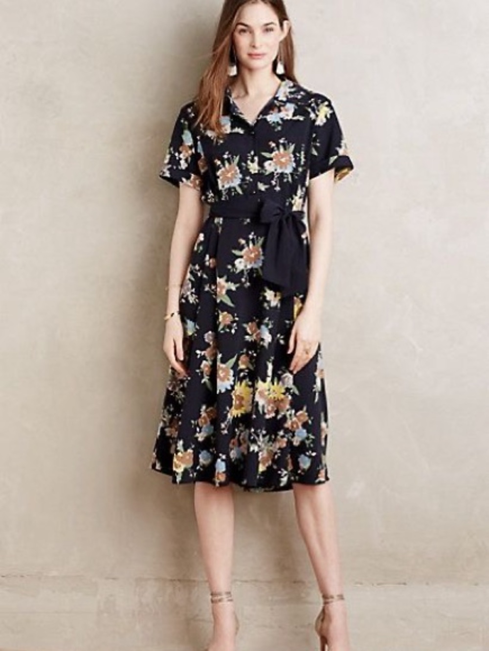 Anthropologie Black Floral Tie-Waist Short Sleeve Midi Dress